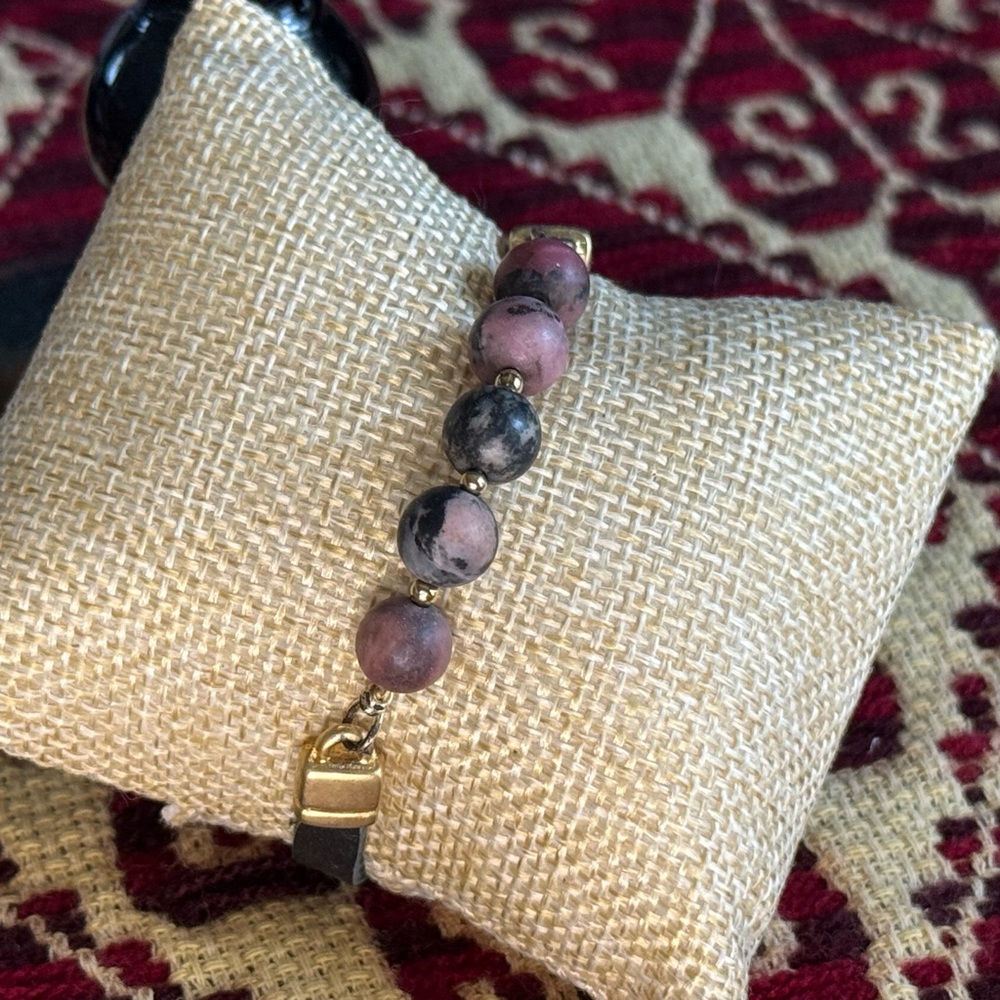 Red Rodanite Women’s Beaded Bracelet with Black/Gold Accents